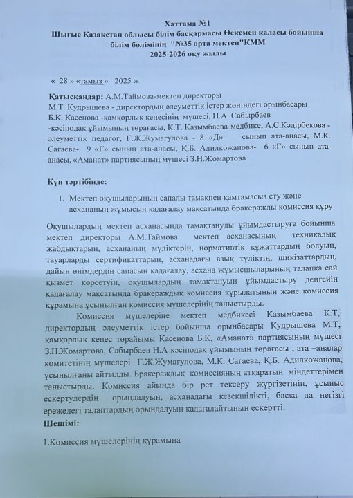 Хаттама №1 Мектеп асханасының жұмысын қадағалау мақсатында бракеражды комиссия құру туралы