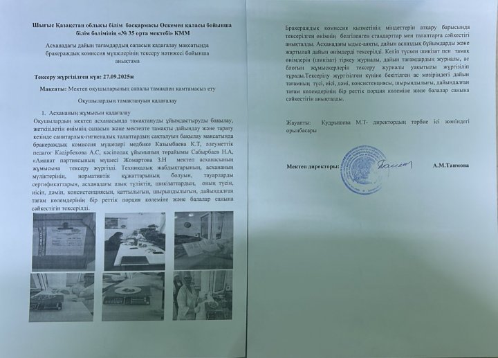 Асханадағы дайын тағамдардың сапасын қадағалау мақсатында бракеражды комиссия мүшелерінің тексеру нәтижесі бойынша анықтама